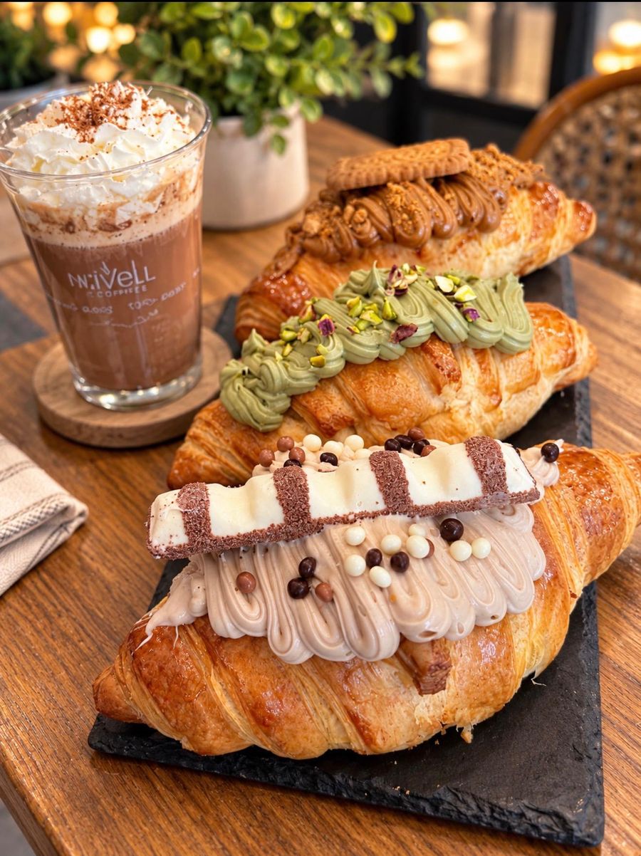 Tres cruasanes rellenos de crema de galleta, pistacho y chocolate con leche