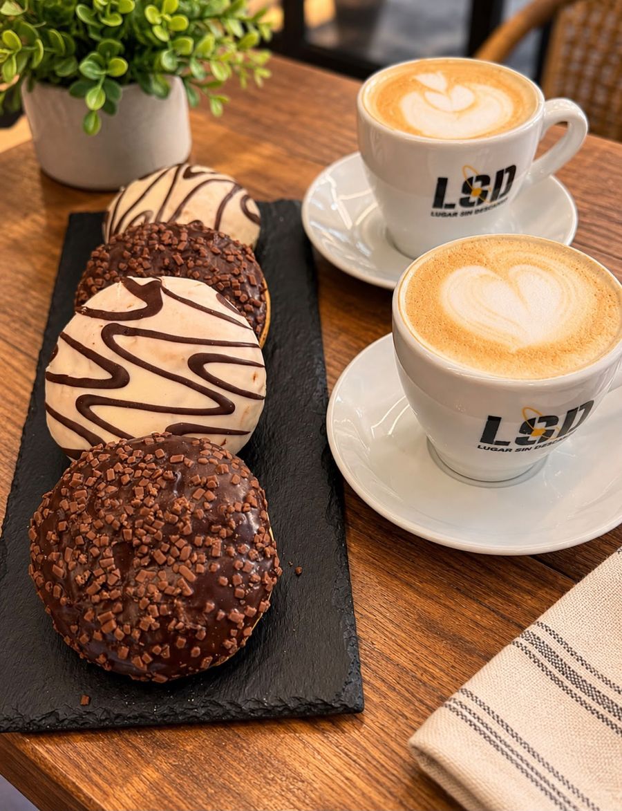 Donuts de chocolate y de chocolate blanco junto a dos capuchinos en tazas LSD