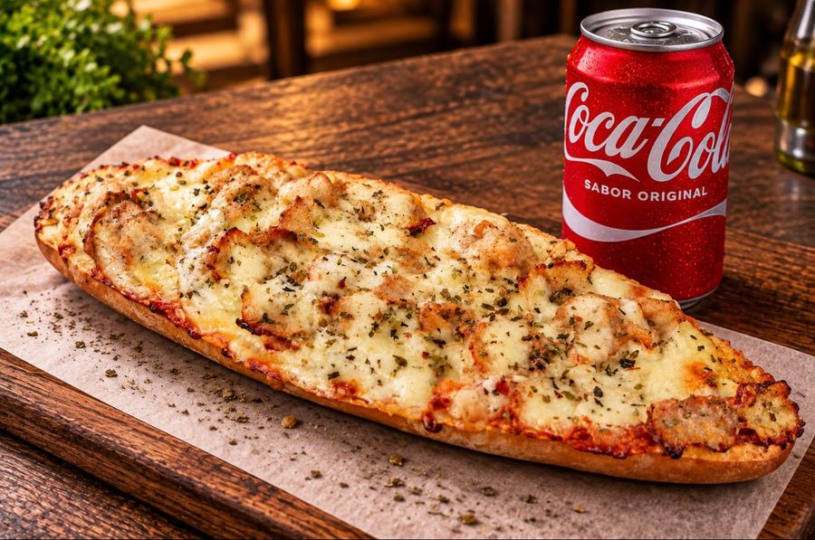 Barra de pan gratinada con pollo y queso junto a un refresco