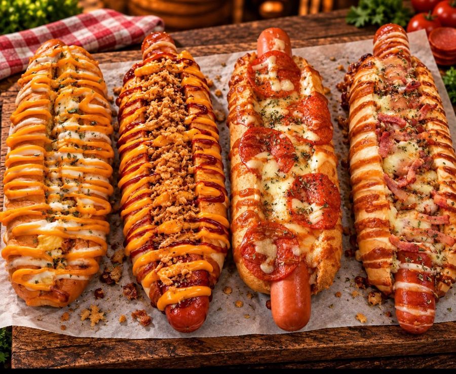 Cuatro perritos gratinados con cheddar, cebolla crujiente, pepperoni y bacon