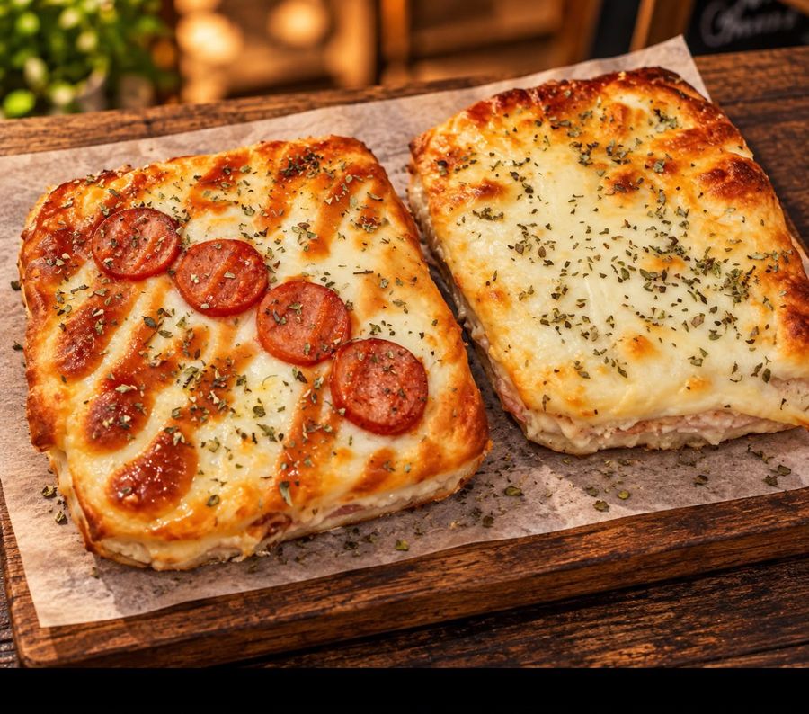 Dos sándwiches gratinados, uno con pepperoni y otro de jamón y queso